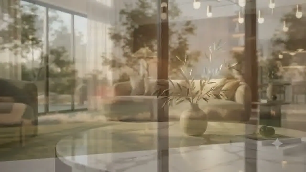 Marble coffee table detail in a warm living room