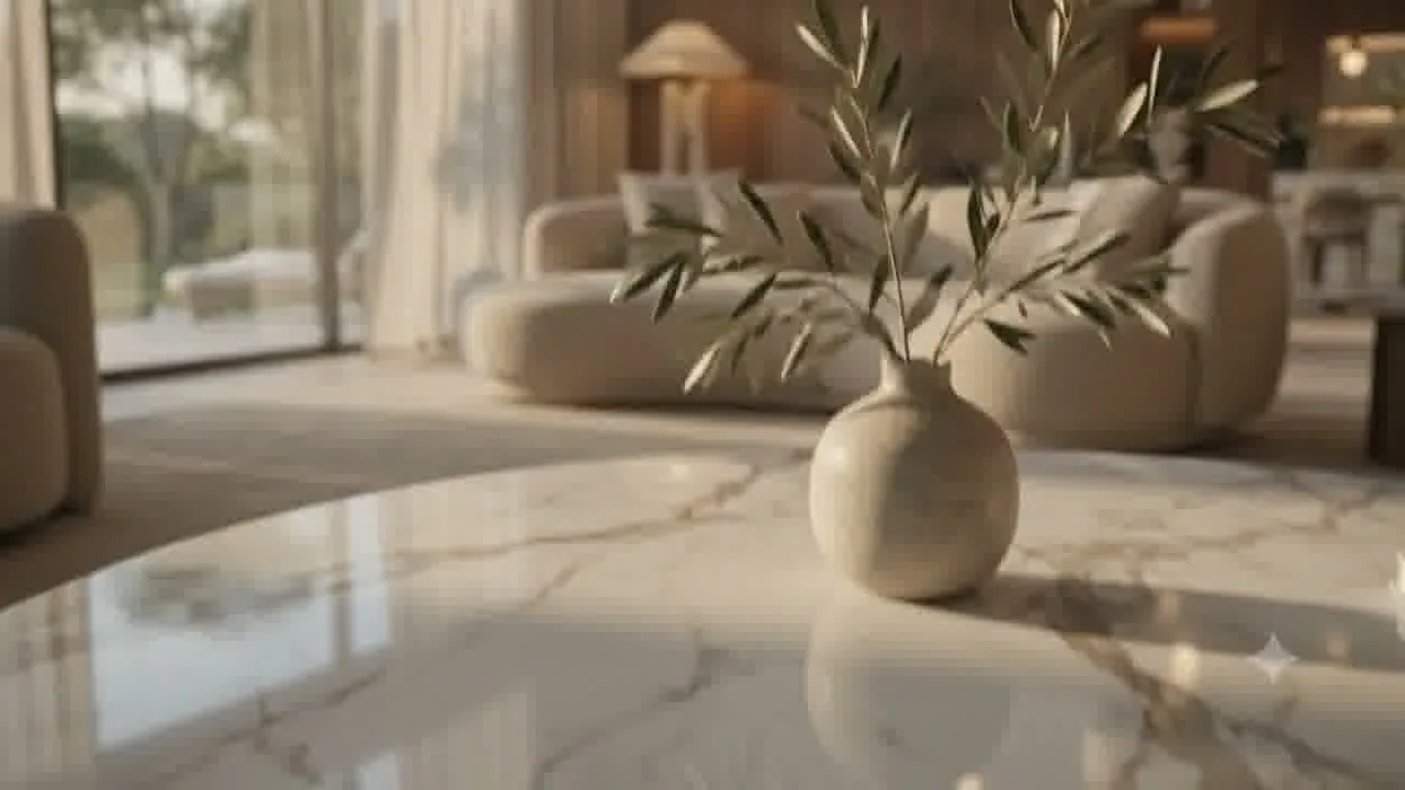 Warm minimal living space with curved bouclé seating